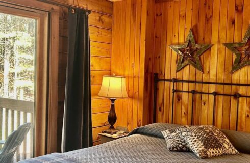 The Everett Room with Queen size bed and nightstand with lamp. Looking out glass door into forest.