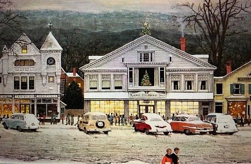 Canvas painting of an old fashioned main street in winter with two old buildings and old cars parked in front