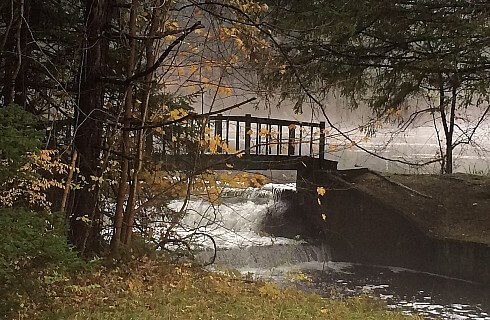 Wood walking bridge overtop a small waterfall with trees and a pond in the background