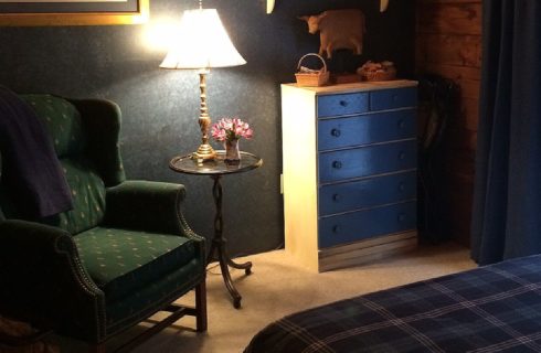 Corner of a bedroom with green upholstered chair, small table holding a lamp, and blue and white dresser next to a patio door