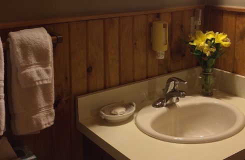 Single sink vanity with soap dish, vase of yellow flowers and white towels hanging on the wall