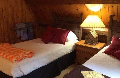 Two twin beds with white quilts and red pillows with brown side table in between holding a lamp in the form of a small house