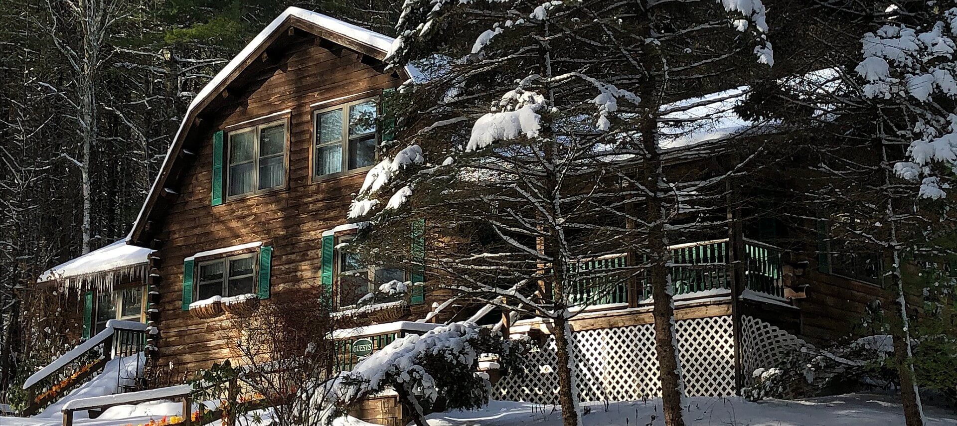 Large wood cabin home with green shutters and front porch nestled in woods covered with snow