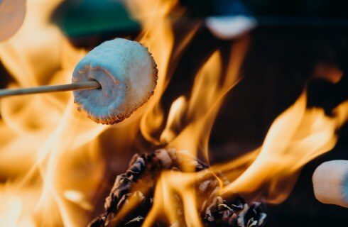 Bright orange flames of a roaring fire with wooden stick holding a roasting marshmallow